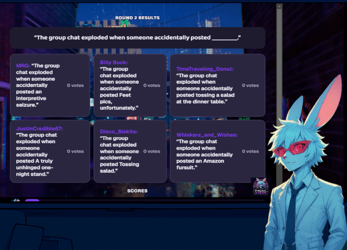 Round results shown on stream, with each response and its vote count
